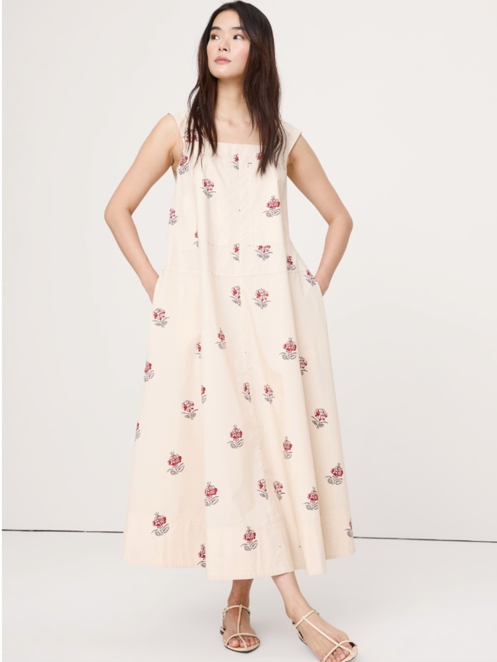 NWT - BANANA REPUBLIC - SQUARE-NECK APRON MAXI DRESS - RED DITSY FLORAL - SZ M